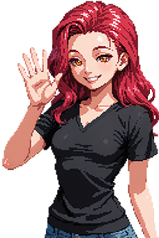A woman wearing a black t-shirt and a blue denim pair of paints. She is smiling and looking at the camera. Her right hand is raised in a waving position. Her hair is crimson red, and her eyes are amber. Her skin is fair. The art style is pixel art and the opacity of the image is slightly reduced to make it act as a background image.